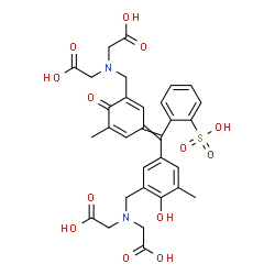 ChemSpider 2D Image | [({3-[(3-{[Bis(carboxymethyl)amino]methyl}-4-hydroxy-5-methylphenyl)(2-sulfophenyl)methylene]-5-methyl-6-oxo-1,4-cyclohexadien-1-yl}methyl)(carboxymethyl)amino]acetic acid | C31H32N2O13S