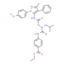 ChemSpider 2D Image | Ethyl 4-{[isobutyl(2-{[1-(4-methoxyphenyl)-3-methyl-4-phenyl-1H-pyrazol-5-yl]amino}-2-oxoethyl)carbamoyl]amino}benzoate | C33H37N5O5