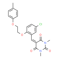 ChemSpider 2D Image | 5-{5-Chloro-2-[2-(4-methylphenoxy)ethoxy]benzylidene}-1,3-dimethyl-2,4,6(1H,3H,5H)-pyrimidinetrione | C22H21ClN2O5