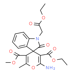 ChemSpider 2D Image | 3'-Ethyl 5'-methyl 2'-amino-1-(2-ethoxy-2-oxoethyl)-6'-methyl-2-oxo-1,2-dihydrospiro[indole-3,4'-pyran]-3',5'-dicarboxylate | C22H24N2O8