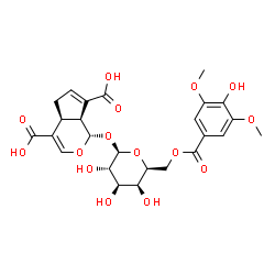 ChemSpider 2D Image | (1S,4aS,7aS)-1-{[6-O-(4-Hydroxy-3,5-dimethoxybenzoyl)-beta-L-galactopyranosyl]oxy}-1,4a,5,7a-tetrahydrocyclopenta[c]pyran-4,7-dicarboxylic acid | C25H28O15