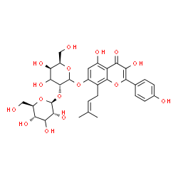 ChemSpider 2D Image | 3,5-Dihydroxy-2-(4-hydroxyphenyl)-8-(3-methyl-2-buten-1-yl)-4-oxo-4H-chromen-7-yl (3xi)-2-O-[(3xi)-beta-D-ribo-hexopyranosyl]-D-xylo-hexopyranoside | C32H38O16