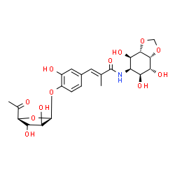 ChemSpider 2D Image | (2E)-3-{4-[(6-Deoxy-beta-D-arabino-hexofuranosyl-5-ulose)oxy]-3-hydroxyphenyl}-2-methyl-N-[(3aS,4R,5R,6S,7R,7aR)-4,6,7-trihydroxyhexahydro-1,3-benzodioxol-5-yl]acrylamide | C23H29NO12