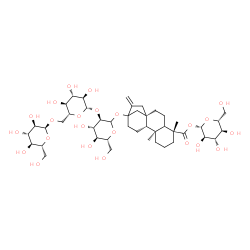 ChemSpider 2D Image | 1-O-[(5xi,8alpha,9beta,10alpha)-13-{[alpha-D-Glucopyranosyl-(1->6)-beta-D-glucopyranosyl-(1->2)-D-glucopyranosyl]oxy}-18-oxokaur-16-en-18-yl]-beta-D-glucopyranose | C44H70O23