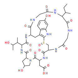 ChemSpider 2D Image | [34-sec-Butyl-8,22-dihydroxy-13-(3-hydroxy-2-butanyl)-27-oxido-2,5,11,14,30,33,36,39-octaoxo-27-thia-3,6,12,15,25,29,32,35,38-nonaazapentacyclo[14.12.11.0~6,10~.0~18,26~.0~19,24~]nonatriaconta-18(26),
19,21,23-tetraen-4-yl]acetic acid | C39H53N9O14S