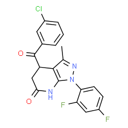 ChemSpider 2D Image | 4-(3-Chlorobenzoyl)-1-(2,4-difluorophenyl)-3-methyl-1,4,5,7-tetrahydro-6H-pyrazolo[3,4-b]pyridin-6-one | C20H14ClF2N3O2