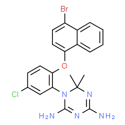 ChemSpider 2D Image | 1-{2-[(4-Bromo-1-naphthyl)oxy]-5-chlorophenyl}-6,6-dimethyl-1,6-dihydro-1,3,5-triazine-2,4-diamine | C21H19BrClN5O