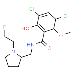 ChemSpider 2D Image | 3,5-Dichloro-N-{[1-(2-fluoroethyl)-2-pyrrolidinyl]methyl}-2-hydroxy-6-methoxy-1,3-cyclohexadiene-1-carboxamide | C15H21Cl2FN2O3