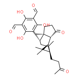 ChemSpider 2D Image | 5-[(1S)-1-{(1R,2R)-2-[(1R,3R)-2,2-Dimethyl-3-(3-oxobutyl)cyclopropyl]-1-methyl-3-oxocyclopentyl}-3-methylbutyl]-2,4,6-trihydroxyisophthalaldehyde | C28H38O7