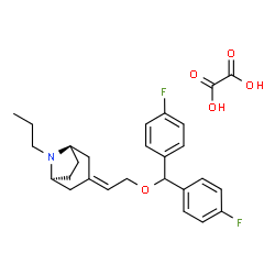 ChemSpider 2D Image | (1R,3E,5S)-3-{2-[Bis(4-fluorophenyl)methoxy]ethylidene}-8-propyl-8-azabicyclo[3.2.1]octane ethanedioate (1:1) | C27H31F2NO5