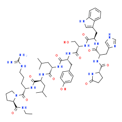 ChemSpider 2D Image | 5-Oxo-L-prolyl-L-histidyl-D-tryptophyl-L-seryl-D-tyrosyl-L-leucyl-L-leucyl-L-arginyl-N-ethyl-D-prolinamide | C59H84N16O12