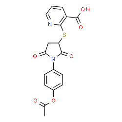 ChemSpider 2D Image | 2-{[1-(4-Acetoxyphenyl)-2,5-dioxo-3-pyrrolidinyl]sulfanyl}nicotinic acid | C18H14N2O6S