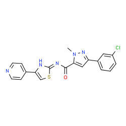ChemSpider 2D Image | 3-(3-Chlorophenyl)-1-methyl-N-[4-(4-pyridinyl)-1,3-thiazol-2-yl]-1H-pyrazole-5-carboxamide | C19H14ClN5OS