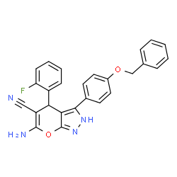 ChemSpider 2D Image | 6-Amino-3-[4-(benzyloxy)phenyl]-4-(2-fluorophenyl)-2,4-dihydropyrano[2,3-c]pyrazole-5-carbonitrile | C26H19FN4O2