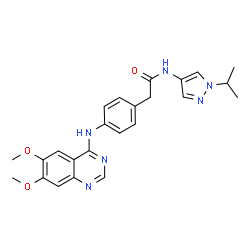 ChemSpider 2D Image | 2-{4-[(6,7-Dimethoxy-4-quinazolinyl)amino]phenyl}-N-(1-isopropyl-1H-pyrazol-4-yl)acetamide | C24H26N6O3