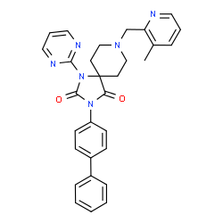 ChemSpider 2D Image | 3-(4-Biphenylyl)-8-[(3-methyl-2-pyridinyl)methyl]-1-(2-pyrimidinyl)-1,3,8-triazaspiro[4.5]decane-2,4-dione | C30H28N6O2