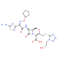 ChemSpider 2D Image | (6S,7S)-7-({(2Z)-2-(5-Amino-1,2,4-thiadiazol-3-yl)-2-[(cyclopentyloxy)imino]acetyl}amino)-3-({[1-(2-hydroxyethyl)-1H-tetrazol-5-yl]sulfanyl}methyl)-8-oxo-4-oxa-1-azabicyclo[4.2.0]oct-2-ene-2-carboxyli
c acid | C20H24N10O7S2