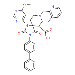 ChemSpider 2D Image | 3-(4-Biphenylyl)-1-(6-methoxy-4-pyrimidinyl)-8-[(3-methyl-2-pyridinyl)methyl]-2,4-dioxo-1,3,8-triazaspiro[4.5]decane-6-carboxylic acid | C32H30N6O5