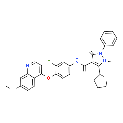 ChemSpider 2D Image | N-{3-Fluoro-4-[(7-methoxy-4-quinolinyl)oxy]phenyl}-1-methyl-3-oxo-2-phenyl-5-(tetrahydro-2-furanyl)-2,3-dihydro-1H-pyrazole-4-carboxamide | C31H27FN4O5