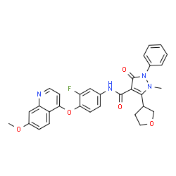 ChemSpider 2D Image | N-{3-Fluoro-4-[(7-methoxy-4-quinolinyl)oxy]phenyl}-1-methyl-3-oxo-2-phenyl-5-(tetrahydro-3-furanyl)-2,3-dihydro-1H-pyrazole-4-carboxamide | C31H27FN4O5