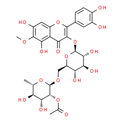 ChemSpider 2D Image | 2-(3,4-Dihydroxyphenyl)-5,7-dihydroxy-6-methoxy-4-oxo-4H-chromen-3-yl 6-O-(2-O-acetyl-6-deoxy-alpha-L-mannopyranosyl)-beta-D-glucopyranoside | C30H34O18
