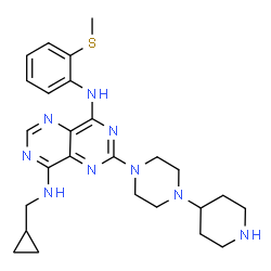 ChemSpider 2D Image | N~8~-(Cyclopropylmethyl)-N~4~-[2-(methylsulfanyl)phenyl]-2-[4-(4-piperidinyl)-1-piperazinyl]pyrimido[5,4-d]pyrimidine-4,8-diamine | C26H35N9S