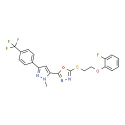 ChemSpider 2D Image | 2-{[2-(2-Fluorophenoxy)ethyl]sulfanyl}-5-{1-methyl-3-[4-(trifluoromethyl)phenyl]-1H-pyrazol-5-yl}-1,3,4-oxadiazole | C21H16F4N4O2S