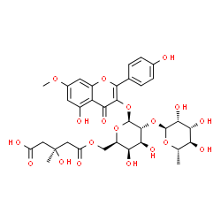 ChemSpider 2D Image | 5-Hydroxy-2-(4-hydroxyphenyl)-7-methoxy-4-oxo-4H-chromen-3-yl 6-O-[(3S)-4-carboxy-3-hydroxy-3-methylbutanoyl]-2-O-(6-deoxy-alpha-L-mannopyranosyl)-beta-D-galactopyranoside | C34H40O19
