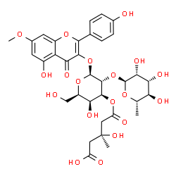 ChemSpider 2D Image | 5-Hydroxy-2-(4-hydroxyphenyl)-7-methoxy-4-oxo-4H-chromen-3-yl 3-O-[(3S)-4-carboxy-3-hydroxy-3-methylbutanoyl]-2-O-(6-deoxy-alpha-L-mannopyranosyl)-beta-D-galactopyranoside | C34H40O19