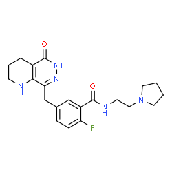 ChemSpider 2D Image | 2-Fluoro-5-[(5-oxo-1,2,3,4,5,6-hexahydropyrido[2,3-d]pyridazin-8-yl)methyl]-N-[2-(1-pyrrolidinyl)ethyl]benzamide | C21H26FN5O2