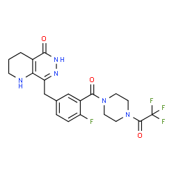 ChemSpider 2D Image | 8-(4-Fluoro-3-{[4-(trifluoroacetyl)-1-piperazinyl]carbonyl}benzyl)-2,3,4,6-tetrahydropyrido[2,3-d]pyridazin-5(1H)-one | C21H21F4N5O3