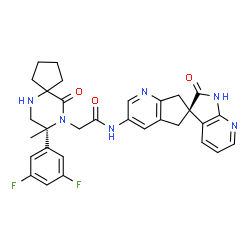 ChemSpider 2D Image | 2-[(8R)-8-(3,5-difluorophenyl)-8-methyl-10-oxo-6,9-diazaspiro[4.5]decan-9-yl]-N-[(3S)-2-oxospiro[1H-pyrrolo[2,3-b]pyridine-3,6'-5,7-dihydrocyclopenta[b]pyridine]-3'-yl]acetamide | C31H30F2N6O3