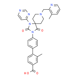 ChemSpider 2D Image | 2-Methyl-4'-{8-[(3-methyl-2-pyridinyl)methyl]-2,4-dioxo-1-(4-pyrimidinyl)-1,3,8-triazaspiro[4.5]dec-3-yl}-4-biphenylcarboxylic acid | C32H30N6O4