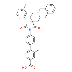 ChemSpider 2D Image | 2-Methyl-4'-{8-[(3-methyl-2-pyridinyl)methyl]-1-(6-methyl-4-pyrimidinyl)-2,4-dioxo-1,3,8-triazaspiro[4.5]dec-3-yl}-4-biphenylcarboxylic acid | C33H32N6O4