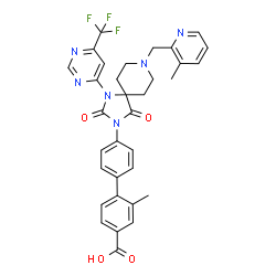 ChemSpider 2D Image | 2-Methyl-4'-{8-[(3-methyl-2-pyridinyl)methyl]-2,4-dioxo-1-[6-(trifluoromethyl)-4-pyrimidinyl]-1,3,8-triazaspiro[4.5]dec-3-yl}-4-biphenylcarboxylic acid | C33H29F3N6O4