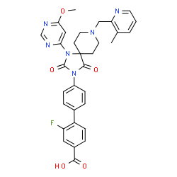 ChemSpider 2D Image | 2-Fluoro-4'-{1-(6-methoxy-4-pyrimidinyl)-8-[(3-methyl-2-pyridinyl)methyl]-2,4-dioxo-1,3,8-triazaspiro[4.5]dec-3-yl}-4-biphenylcarboxylic acid | C32H29FN6O5
