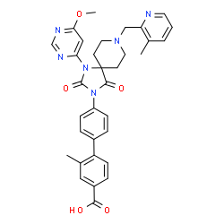 ChemSpider 2D Image | 4'-{1-(6-Methoxy-4-pyrimidinyl)-8-[(3-methyl-2-pyridinyl)methyl]-2,4-dioxo-1,3,8-triazaspiro[4.5]dec-3-yl}-2-methyl-4-biphenylcarboxylic acid | C33H32N6O5