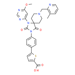 ChemSpider 2D Image | 5-(4-{1-(6-Methoxy-4-pyrimidinyl)-8-[(3-methyl-2-pyridinyl)methyl]-2,4-dioxo-1,3,8-triazaspiro[4.5]dec-3-yl}phenyl)-2-thiophenecarboxylic acid | C30H28N6O5S