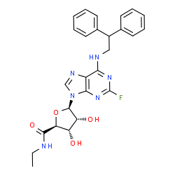 ChemSpider 2D Image | (2S,3S,4R,5R)-5-{6-[(2,2-Diphenylethyl)amino]-2-fluoro-9H-purin-9-yl}-N-ethyl-3,4-dihydroxytetrahydro-2-furancarboxamide | C26H27FN6O4