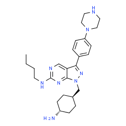 ChemSpider 2D Image | 1-[(trans-4-Aminocyclohexyl)methyl]-N-butyl-3-[4-(1-piperazinyl)phenyl]-1H-pyrazolo[3,4-d]pyrimidin-6-amine | C26H38N8