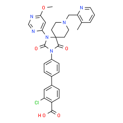 ChemSpider 2D Image | 3-Chloro-4'-{1-(6-methoxy-4-pyrimidinyl)-8-[(3-methyl-2-pyridinyl)methyl]-2,4-dioxo-1,3,8-triazaspiro[4.5]dec-3-yl}-4-biphenylcarboxylic acid | C32H29ClN6O5