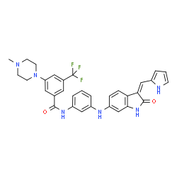 ChemSpider 2D Image | 3-(4-Methyl-1-piperazinyl)-N-(3-{[(3Z)-2-oxo-3-(1H-pyrrol-2-ylmethylene)-2,3-dihydro-1H-indol-6-yl]amino}phenyl)-5-(trifluoromethyl)benzamide | C32H29F3N6O2