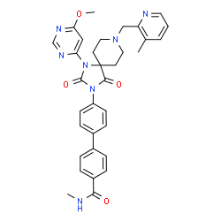 ChemSpider 2D Image | 4'-{1-(6-Methoxy-4-pyrimidinyl)-8-[(3-methyl-2-pyridinyl)methyl]-2,4-dioxo-1,3,8-triazaspiro[4.5]dec-3-yl}-N-methyl-4-biphenylcarboxamide | C33H33N7O4