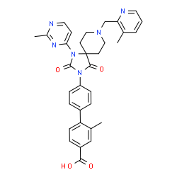 ChemSpider 2D Image | 2-Methyl-4'-{8-[(3-methyl-2-pyridinyl)methyl]-1-(2-methyl-4-pyrimidinyl)-2,4-dioxo-1,3,8-triazaspiro[4.5]dec-3-yl}-4-biphenylcarboxylic acid | C33H32N6O4