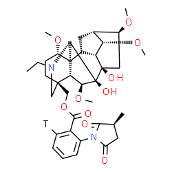 ChemSpider 2D Image | [(1alpha,6beta,7beta,14alpha,16beta)-20-Ethyl-7,8-dihydroxy-1,6,14,16-tetramethoxyaconitan-4-yl]methyl 2-[(3S)-3-methyl-2,5-dioxo-1-pyrrolidinyl](6-~3~H)benzoate | C37H49TN2O10
