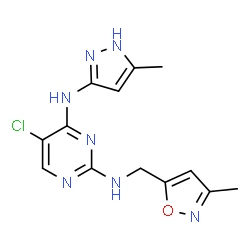ChemSpider 2D Image | 5-Chloro-N~2~-[(3-methyl-1,2-oxazol-5-yl)methyl]-N~4~-(5-methyl-1H-pyrazol-3-yl)-2,4-pyrimidinediamine | C13H14ClN7O