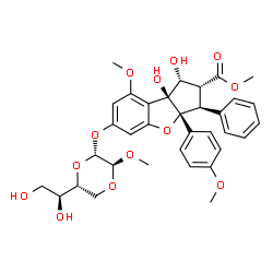 ChemSpider 2D Image | Methyl (1R,2R,3S,3aR,8bS)-6-({(2R,3S,6R)-6-[(1S)-1,2-dihydroxyethyl]-3-methoxy-1,4-dioxan-2-yl}oxy)-1,8b-dihydroxy-8-methoxy-3a-(4-methoxyphenyl)-3-phenyl-2,3,3a,8b-tetrahydro-1H-benzo[b]cyclopenta[d]
furan-2-carboxylate | C34H38O13