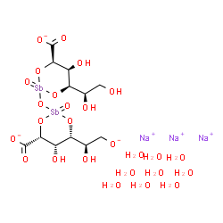 ChemSpider 2D Image | Sodium (4R,5S,6R)-2-({(4R,5S,6R)-4-carboxylato-6-[(1R)-1,2-dihydroxyethyl]-5-hydroxy-2-oxido-1,3,2-dioxastibinan-2-yl}oxy)-5-hydroxy-6-[(1R)-1-hydroxy-2-oxidoethyl]-1,3,2-dioxastibinane-4-carboxylate 
2-oxide hydrate (3:1:9) | C12H35Na3O26Sb2