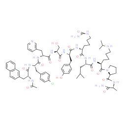 ChemSpider 2D Image | (2S)-N-[(2R)-1-Amino-1-oxo-2-propanyl]-1-[(2S,5S,8R,11R,14S,17R,20S,23R)-8-[4-(carbamoylamino)butyl]-20-(4-chlorobenzyl)-11-(4-hydroxybenzyl)-14-(hydroxymethyl)-5-isobutyl-2-[4-(isopropylamino)butyl]-
23-(2-naphthylmethyl)-4,7,10,13,16,19,22,25-octaoxo-17-(3-pyridinylmethyl)-3,6,9,12,15,18,21,24-octaazahexacosan-1-oyl]-2-pyrrolidinecarboxamide | C74H100ClN15O14