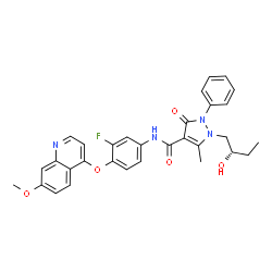 ChemSpider 2D Image | N-{3-Fluoro-4-[(7-methoxy-4-quinolinyl)oxy]phenyl}-1-[(2S)-2-hydroxybutyl]-5-methyl-3-oxo-2-phenyl-2,3-dihydro-1H-pyrazole-4-carboxamide | C31H29FN4O5